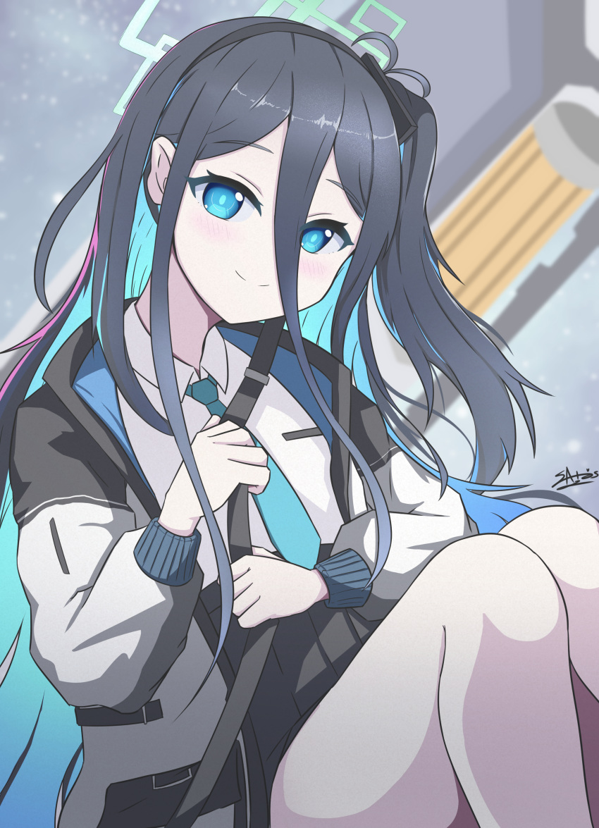 1girl absurdres arisu_(blue_archive) bangs black_hair black_skirt blue_archive blue_eyes blue_hair blue_neckwear blush closed_mouth collared_shirt commentary_request eyebrows_visible_through_hair feet_out_of_frame hair_between_eyes halo highres holding_strap jacket knees_up long_hair looking_at_viewer multicolored_hair necktie one_side_up open_clothes open_jacket pleated_skirt sato_art shirt signature skirt smile solo two-tone_hair very_long_hair white_jacket white_shirt