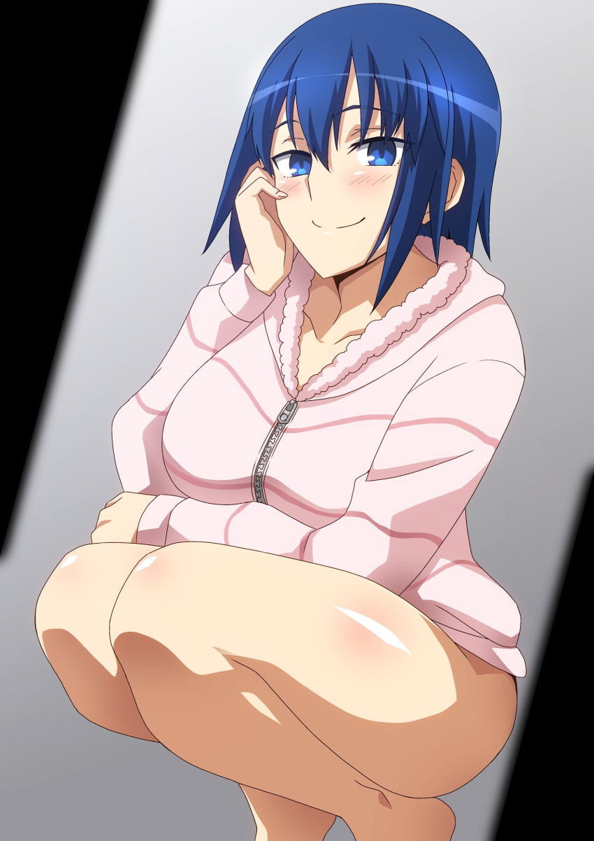 1girl bangs blue_eyes blue_hair blush breasts ciel_(tsukihime) collarbone hara_(harayutaka) highres large_breasts long_sleeves looking_at_viewer melty_blood short_hair smile solo squatting thighs tsukihime tsukihime_(remake)