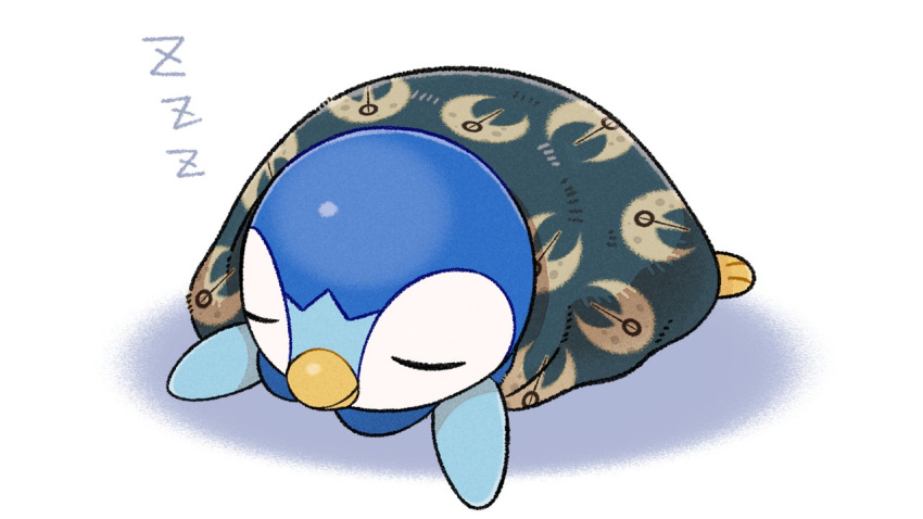 beak blanket character_print closed_eyes closed_mouth commentary_request lunatone lying no_humans official_art on_stomach piplup pokemon pokemon_(creature) project_pochama sleeping solo toes under_covers white_background zzz