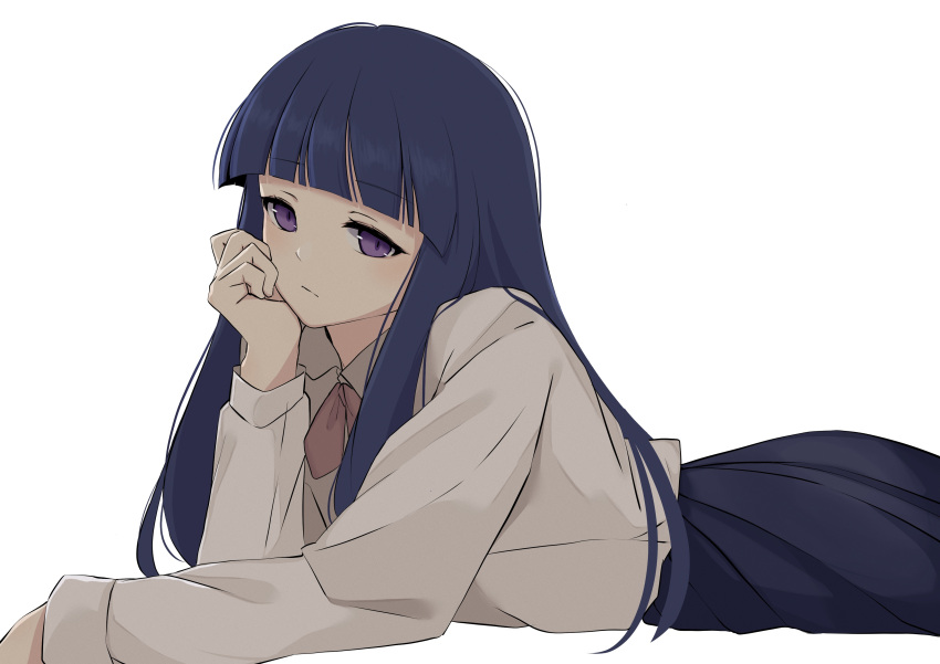 1girl absurdres blue_hair check_commentary commentary commentary_request furude_rika hand_on_own_face highres higurashi_no_naku_koro_ni long_hair lying on_stomach poyadevil school_uniform simple_background solo violet_eyes white_background