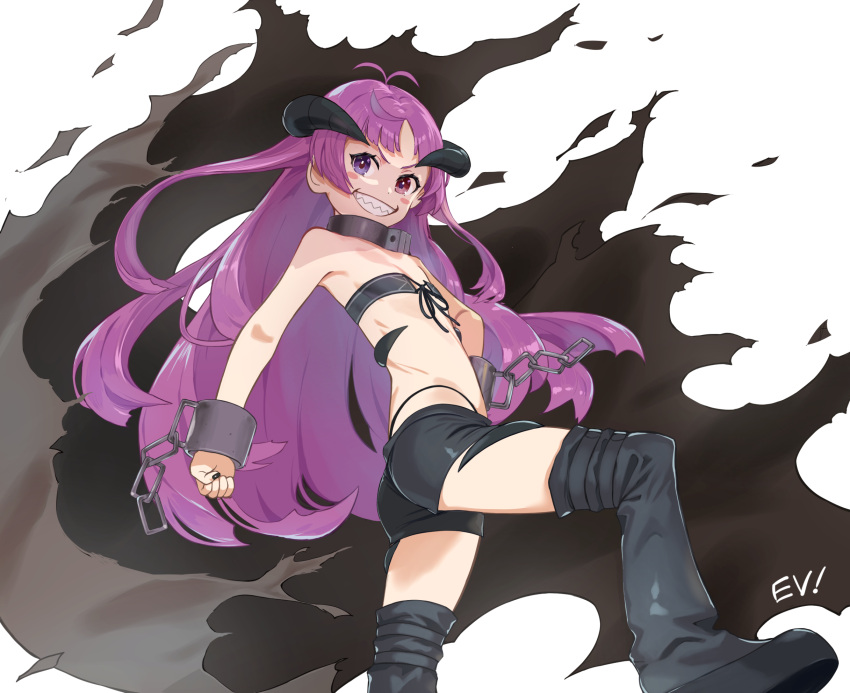 1girl ass bikini black_nails boots broken broken_chain chain chained_wrists clenched_hand collar cuffs dai00888 flat_chest g-string grin heterochromia highleg highres horns kishirika_kishirisu long_hair metal_collar mushoku_tensei nail_polish pose purple_hair revealing_clothes sharp_teeth shorts smile solo standing strapless swimsuit teeth thigh-highs thigh_boots thong thong_bikini tube_top violet_eyes