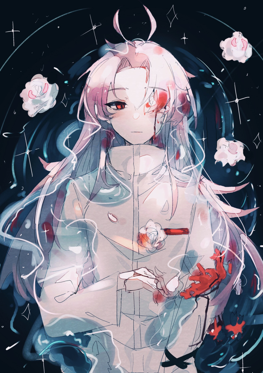 1boy blood closed_mouth eyebrows_visible_through_hair flower flower_over_eye hatsutori_hajime highres long_hair long_sleeves one_eye_covered pink_hair red_eyes rose saibou_shinkyoku shirt solo spoilers white_flower white_rose white_shirt yonghu7587840650