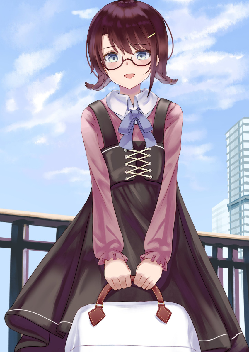 1girl :d bag black-framed_eyewear black_dress blue_bow blue_sky blush bow braid brown_hair brown_shirt building clouds collared_shirt commentary_request day dress glasses grey_eyes hair_ornament hairclip highres holding holding_bag hololive long_sleeves looking_at_viewer low_twintails natsuki_(natukituki) oozora_subaru outdoors puffy_long_sleeves puffy_sleeves railing semi-rimless_eyewear shirt short_twintails sky sleeveless sleeveless_dress sleeves_past_wrists smile solo twin_braids twintails under-rim_eyewear virtual_youtuber white_shirt