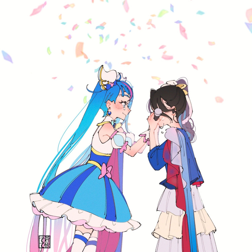 2girls akira_sekine aoi_tete artist_logo black_hair blue_cape blue_eyes blue_hair bow brooch cape closed_mouth confetti crying cure_sky detached_sleeves dress dress_bow earrings fingerless_gloves frilled_dress frills gloves gradient_hair hair_ornament hands_on_another's_face happy_tears highres hirogaru_sky!_precure holding holding_microphone jewelry layered_dress leaning_forward long_hair long_sleeves looking_at_another magical_girl medium_hair microphone multicolored_clothes multicolored_dress multicolored_hair multiple_girls pink_hair precure puffy_detached_sleeves puffy_sleeves red_cape short_dress side_ponytail smile sora_harewataru standing streaked_hair streaming_tears tearing_up tears thigh-highs twintails two-tone_cape two-tone_dress very_long_hair voice_actor_connection white_background white_dress white_gloves white_thighhighs wing_brooch wing_hair_ornament
