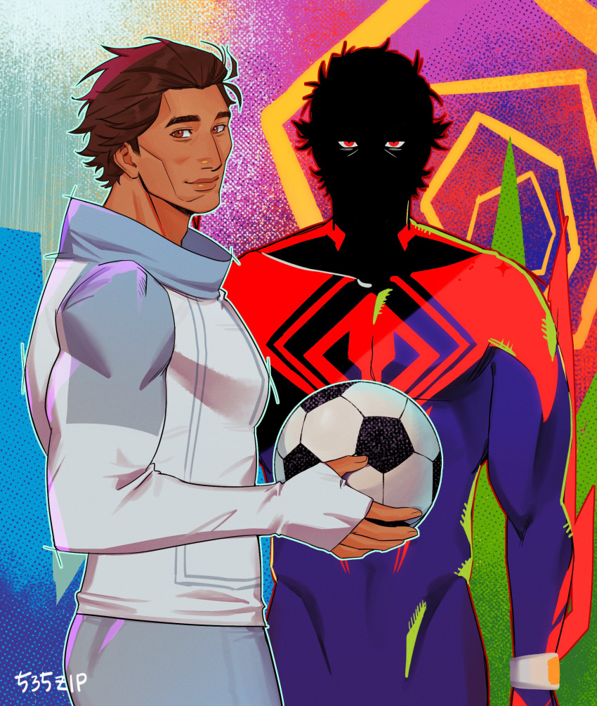 1boy 535zip absurdres artist_name ball bodysuit brown_hair feet_out_of_frame happy highres jacket looking_at_viewer male_focus manly marvel mature_male miguel_o'hara multicolored_background muscular muscular_male red_eyes shaded_face short_hair signature smile soccer_ball solo spider-man:_across_the_spider-verse spider-man_(2099) spider-man_(series) tight_clothes upper_body