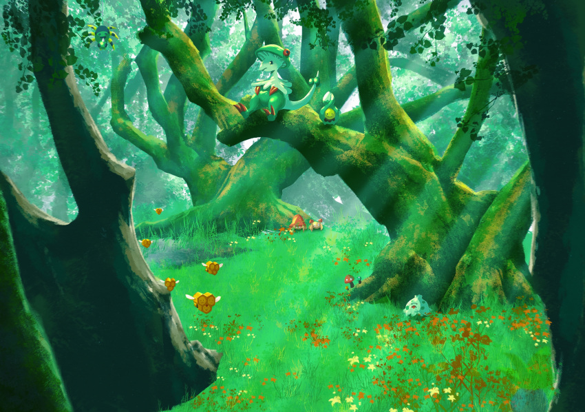 breloom budew combee forest grass green_theme highres light_rays nature no_humans outdoors paras parasect plant pokemon pokemon_(creature) scenery shank shroomish spinarak tree