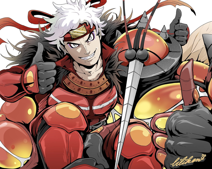 1boy armor biliken black_hair buzzwole commentary_request double_thumbs_up eyeshadow grey_eyes grin guzma_(pokemon) headband highres looking_at_viewer makeup male_focus multicolored_hair official_alternate_costume pokemon pokemon_(game) pokemon_masters_ex red_headband signature smile team_skull teeth thumbs_up two-tone_hair ultra_beast white_background white_hair