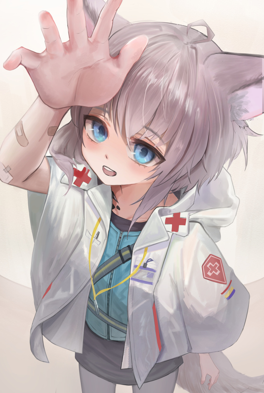 1girl absurdres animal_ears arknights bandaid bandaid_on_arm black_skirt blue_eyes blue_shirt coat commentary_request fox_ears fox_girl fox_tail happy henginnnnnn highres medic open_mouth oripathy_lesion_(arknights) platinum_blonde_hair red_cross shiny shiny_hair shirt skirt smile solo sussurro_(arknights) tail white_coat