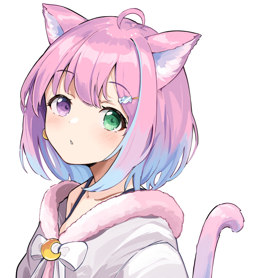 1girl absurdres ahoge anbasa_(amaneyuz13) animal_ears bangs blue_hair blush candy_hair_ornament cat_ears cat_girl cat_tail commentary_request eyebrows_visible_through_hair food-themed_hair_ornament fur_trim gradient_hair green_eyes hair_ornament heterochromia highres himemori_luna hololive looking_at_viewer multicolored_hair parted_lips pink_hair short_hair simple_background solo tail tail_raised upper_body violet_eyes virtual_youtuber white_background