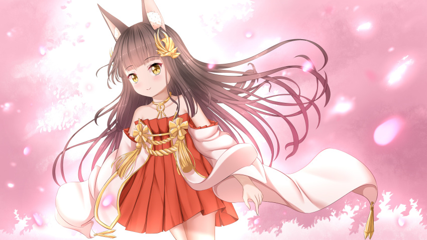 1girl azur_lane bangs bare_shoulders black_hair blunt_bangs blurry cherry_blossoms collarbone commentary_request denfunsan depth_of_field detached_sleeves dress eyebrows_visible_through_hair highres jewelry long_hair long_sleeves looking_at_viewer nagato_(azur_lane) necklace petals pleated_dress red_dress sidelocks solo strapless strapless_dress wide_sleeves wind yellow_eyes