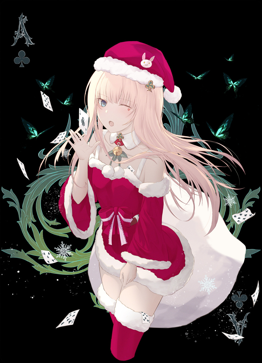 1girl alice_(alice_in_wonderland) alice_in_wonderland black_background blonde_hair breasts bug butterfly card christmas green_eyes hat highres long_hair looking_at_viewer merry_hearm one_eye_closed open_mouth playing_card poker santa_costume santa_hat skirt solo