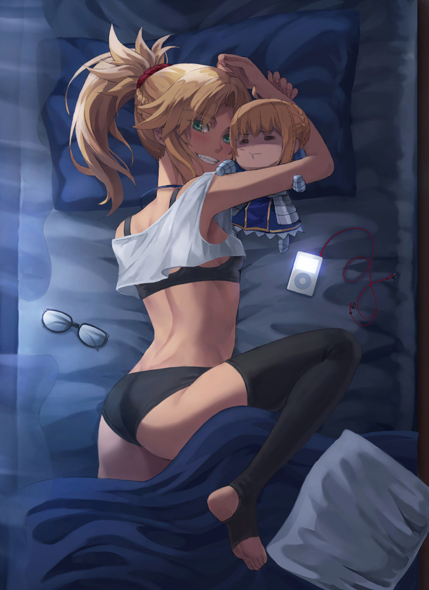 1girl anklet artoria_pendragon_(fate) ass bangs bare_shoulders barefoot blonde_hair braid breasts character_doll fate/apocrypha fate/stay_night fate_(series) french_braid green_eyes hair_ornament hair_scrunchie highres jewelry legs long_hair looking_at_viewer mordred_(fate) mordred_(fate/apocrypha) parted_bangs ponytail red_scrunchie saber scrunchie sidelocks small_breasts smile soles solo stuffed_toy thighs tonee