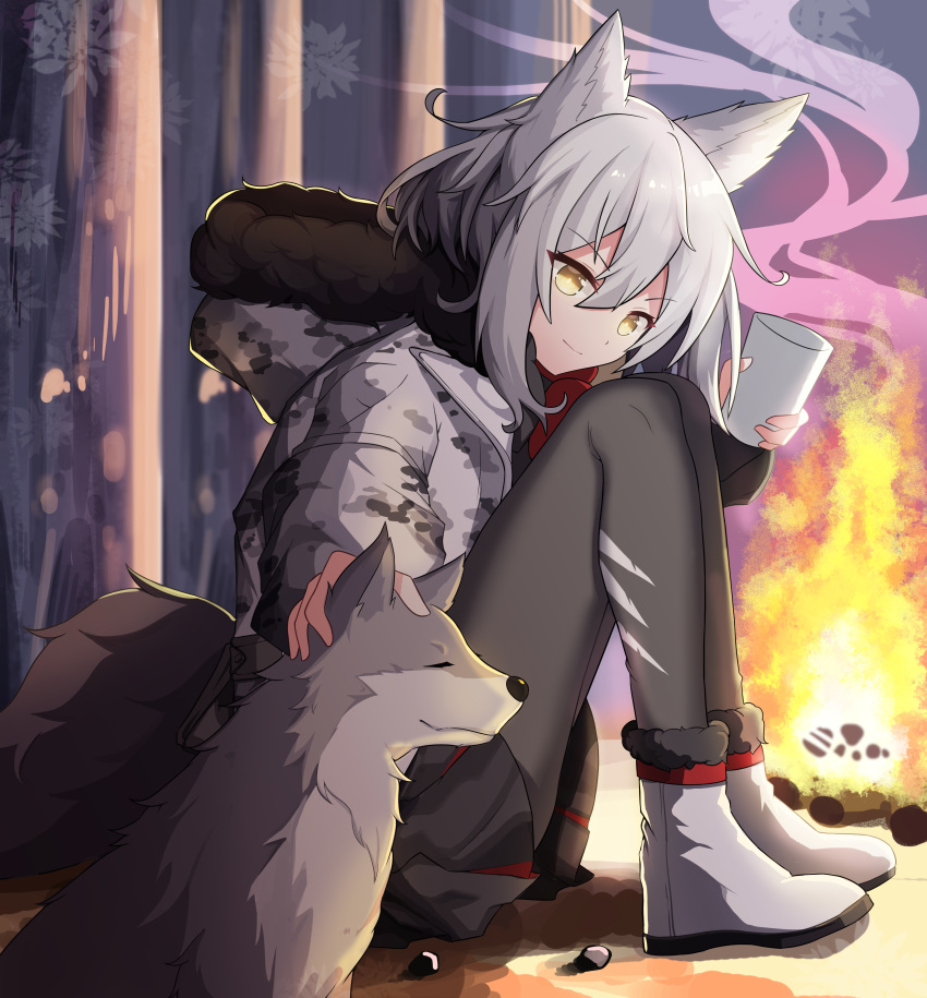 1girl absurdres alternate_costume animal_ears arknights bangs black_legwear black_skirt boots campfire capelet coat cup ddddecade full_body fur-trimmed_boots fur-trimmed_jacket fur_collar fur_trim grey_hair grey_jacket hair_between_eyes highres holding holding_cup hood hood_down hooded_capelet jacket pantyhose print_jacket projekt_red_(arknights) skirt smile tail torn_clothes torn_legwear white_footwear wolf wolf_ears wolf_girl wolf_tail yellow_eyes