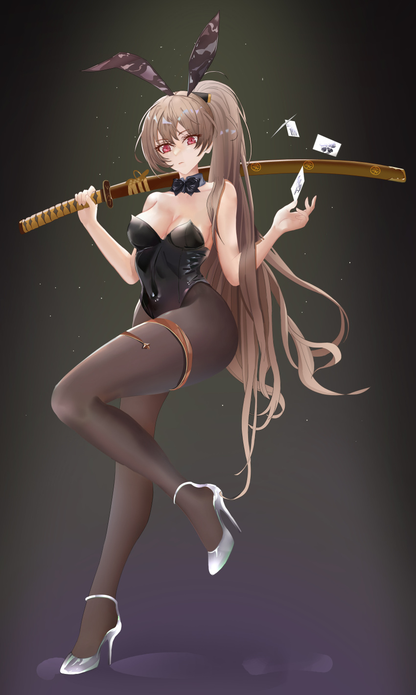 1girl absurdres alternate_costume animal_ears azur_lane black_legwear black_leotard bow bowtie breasts detached_collar fake_animal_ears full_body high_heels high_ponytail highleg highleg_leotard highres holding holding_weapon iron_blood_(emblem) jean_bart_(azur_lane) leotard long_hair medium_breasts oversized_breast_cup pantyhose playboy_bunny ponytail rabbit_ears sakura_empire_(emblem) sheath sheathed solo stiletto_heels strapless strapless_leotard very_long_hair vichya_dominion_(emblem) violet_eyes weapon white_footwear wrist_cuffs zhanggong