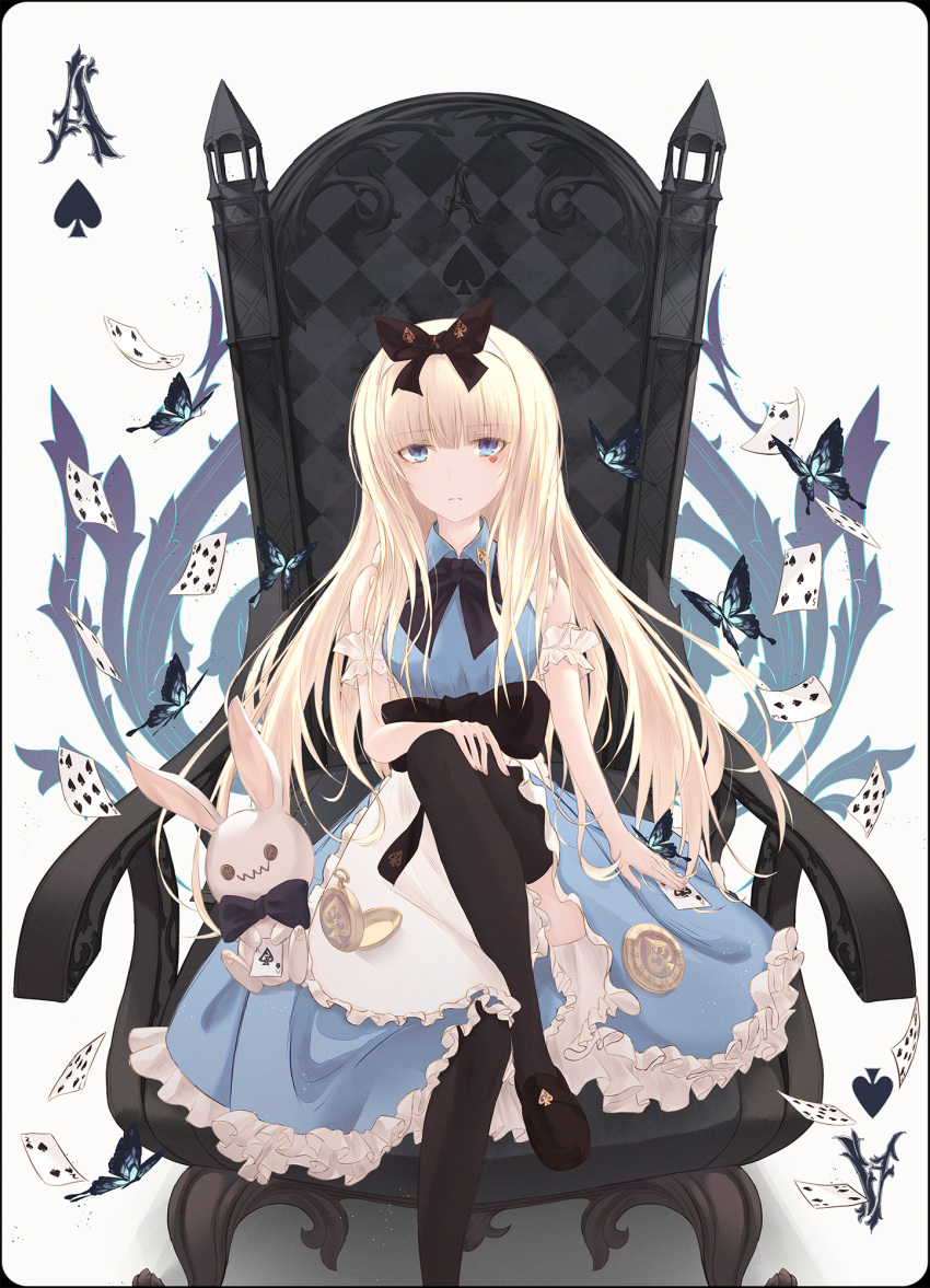 1girl alice_(alice_in_wonderland) alice_in_wonderland bangs black_legwear blonde_hair blue_eyes bug butterfly card chair crossed_legs dress eyebrows_behind_hair eyebrows_visible_through_hair hair_ribbon highres looking_at_viewer merry_hearm playing_card poker ribbon sitting solo thigh-highs