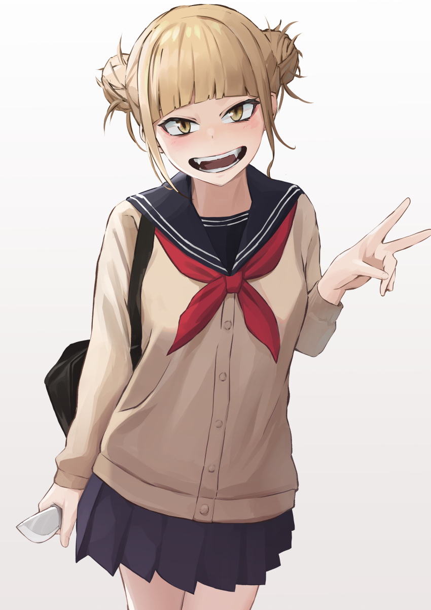 1girl :d absurdres arm_at_side bag bangs black_bag blonde_hair blue_sailor_collar blue_skirt blunt_bangs blush boku_no_hero_academia brown_cardigan buttons cardigan commentary cowboy_shot debi double_bun fangs gradient gradient_background hair_up hand_up head_tilt highres holding holding_knife holding_weapon knife looking_at_viewer messy_hair neckerchief open_mouth pleated_skirt red_neckwear sailor_collar school_bag school_uniform serafuku sidelocks skirt slit_pupils smile solo toga_himiko v weapon white_background yellow_eyes