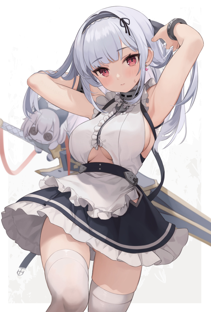 1girl armpits arms_up azur_lane belt breasts dido_(azur_lane) earrings eyebrows_visible_through_hair hair_ornament highres jewelry kurige_horse large_breasts looking_at_viewer maid maid_headdress red_eyes silver_hair sleeveless sword sword_behind_back thigh-highs under_boob weapon white_background white_legwear wrist_cuffs