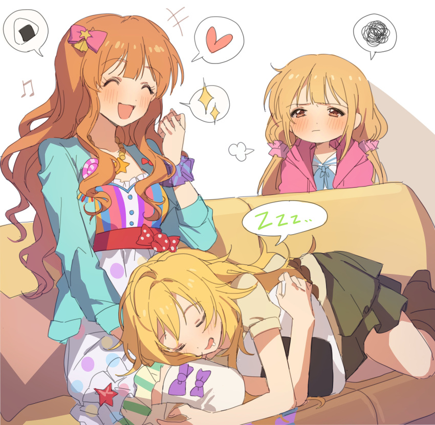 3girls ^_^ ^o^ absurdres blonde_hair blush closed_eyes couch cushion dress drooling food hano9789 heart heart_print highres idolmaster idolmaster_(classic) idolmaster_cinderella_girls idolmaster_starlit_season jealous lap_pillow looking_at_another lying messy_hair multicolored multicolored_clothes multicolored_dress multiple_girls musical_note object_hug on_side onigiri onigiri_print orange_hair polka_dot polka_dot_dress scrunchie simple_background sitting sleeping sparkle_print speech_bubble squiggle twintails wavy_hair wrist_scrunchie zzz