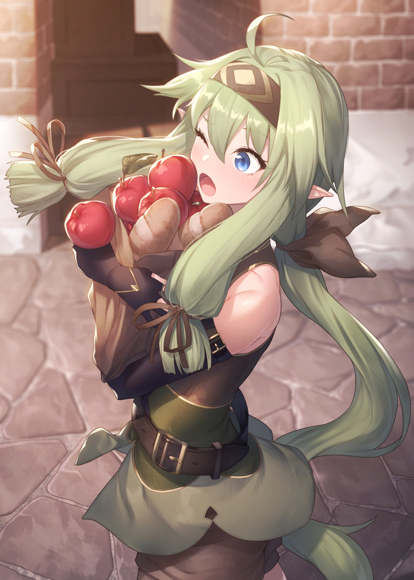 1girl ;o absurdres ahoge apple bag bangs bare_shoulders belt black_gloves black_ribbon black_shorts blue_eyes blurry blurry_background bread day elbow_gloves elf eyebrows_visible_through_hair fingerless_gloves food fruit gloves green_hair hair_between_eyes hair_ribbon hairband highres ibuki_notsu long_hair low_ponytail one_eye_closed original outdoors paper_bag pointy_ears ribbon road rure_(ibuki_notsu) shorts sidelocks sleeveless solo street wince