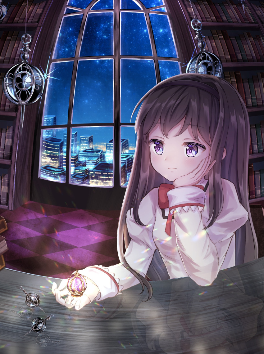 1girl akemi_homura black_hair black_hairband book bookshelf bow bowtie cityscape commentary_request elbow_rest elbows_on_table expressionless grief_seed hairband hand_on_own_face highres holding in_palm light_blush long_hair long_sleeves mahou_shoujo_madoka_magica mitakihara_school_uniform night red_neckwear reflection reflective_table school_uniform solo soul_gem table ukiukikiwi2525 upper_body violet_eyes window