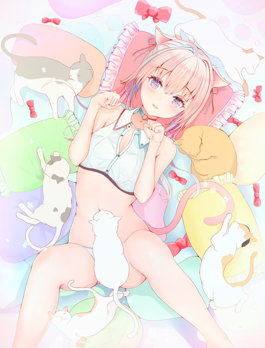 absurdres animal_ears bangs bare_arms bare_shoulders blue_choker blue_ribbon blush bow breasts cat_ears cat_on_person cat_tail choker closed_eyes collared_shirt commentary_request crop_top eyebrows_visible_through_hair frilled_pillow frills hair_ribbon hands_up head_on_pillow highres looking_at_viewer lying medium_hair moubokobokodayo navel no_pants o-ring o-ring_choker on_back original panties paw_pose pillow pink_hair red_bow red_choker red_ribbon ribbon shirt sleeping small_breasts spread_legs tail thighs two-tone_choker underwear violet_eyes white_panties