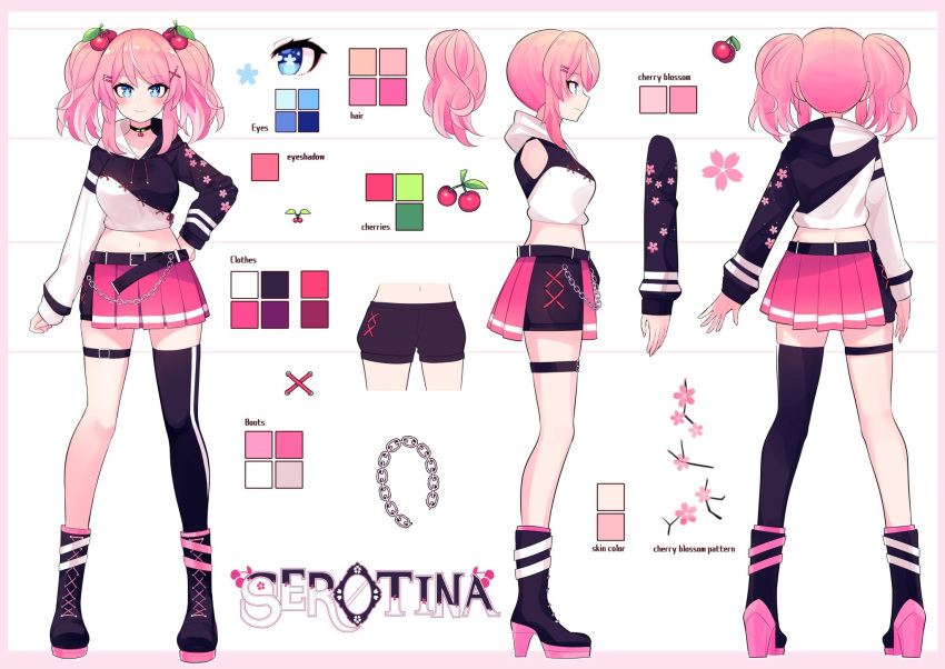 1girl aho black_footwear black_hoodie black_shorts blue_eyes boots chain character_sheet cherry_hair_ornament color_guide cropped_hoodie english_commentary food-themed_hair_ornament hair_ornament high_heel_boots high_heels highres hood hoodie indie_virtual_youtuber multiple_views navel official_art pink_hair pink_skirt second-party_source serotina shorts single_thighhigh skindentation skirt thigh-highs thigh_strap twintails two-tone_hoodie virtual_youtuber white_hoodie