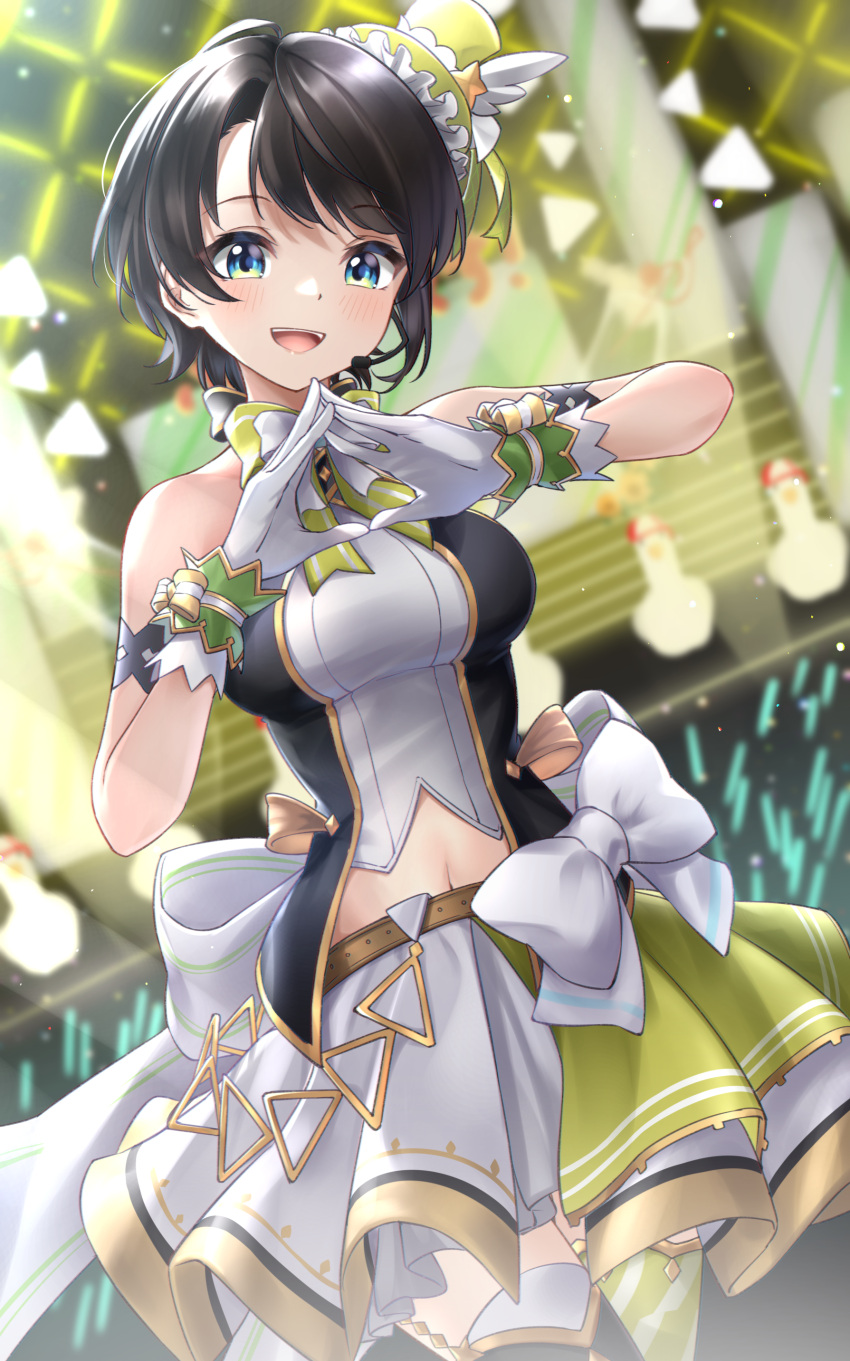 1girl :d absurdres armlet bangs bare_shoulders belt black_hair blue_eyes blurry blurry_background bow bow_skirt breasts cowboy_shot depth_of_field dutch_angle gloves halter_top halterneck hat headset highres hololive hololive_idol_uniform idol idol_clothes large_breasts layered_skirt looking_at_viewer mini_hat mini_top_hat miniskirt navel official_alternate_costume oozora_subaru overskirt short_hair skirt sleeveless smile solo stage steepled_fingers subaru_duck swept_bangs thigh-highs top_hat tsurupy virtual_youtuber white_bow white_gloves white_skirt wrist_cuffs yellow_headwear yellow_skirt