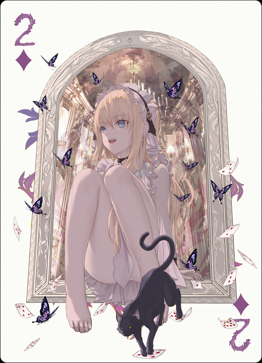 1girl alice_(alice_in_wonderland) alice_in_wonderland animal_ears bangs bare_legs barefoot black_cat blonde_hair blue_eyes bug butterfly card cat eyebrows_behind_hair eyebrows_visible_through_hair hairband highres long_hair looking_to_the_side merry_hearm open_mouth playing_card poker sitting smile solo toes window