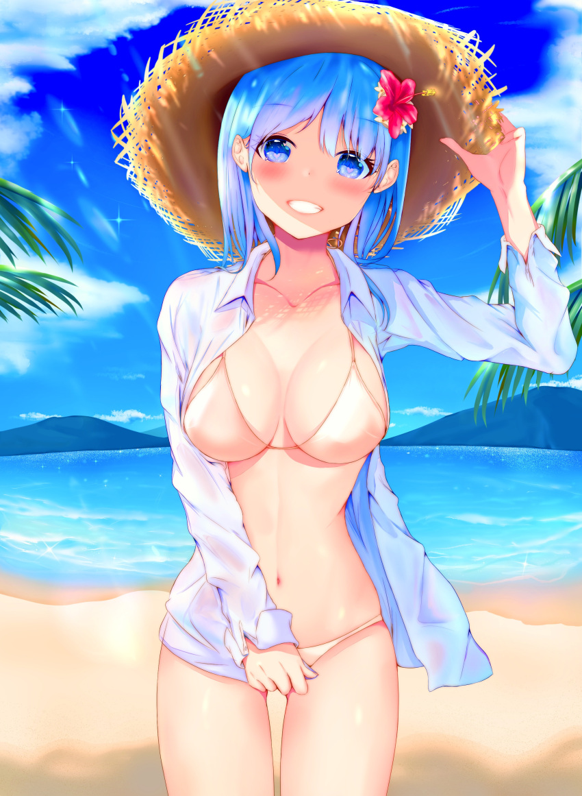 1girl absurdres bangs beach beige_bikini bikini blue_eyes blue_hair blue_sky blush breasts clouds collarbone collared_shirt commentary_request day dress_shirt eyebrows_visible_through_hair flower grin hair_flower hair_ornament hand_on_headwear hat heart heart_in_eye highres long_sleeves looking_at_viewer medium_breasts moubokobokodayo navel ocean open_clothes open_shirt original outdoors palm_tree shirt sky smile solo standing straw_hat swimsuit symbol_in_eye tree water white_shirt wind wings