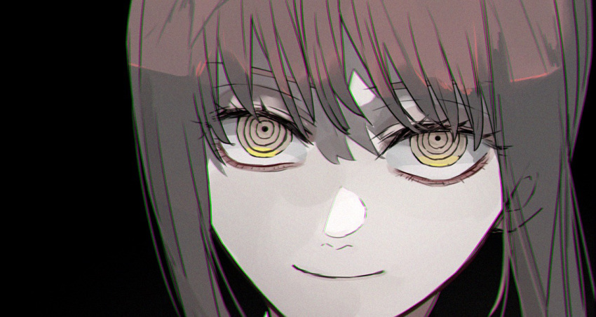 1girl black_background chainsaw_man close-up closed_mouth ebanoniwa looking_at_viewer makima_(chainsaw_man) pink_hair ringed_eyes sanpaku simple_background smile solo yellow_eyes
