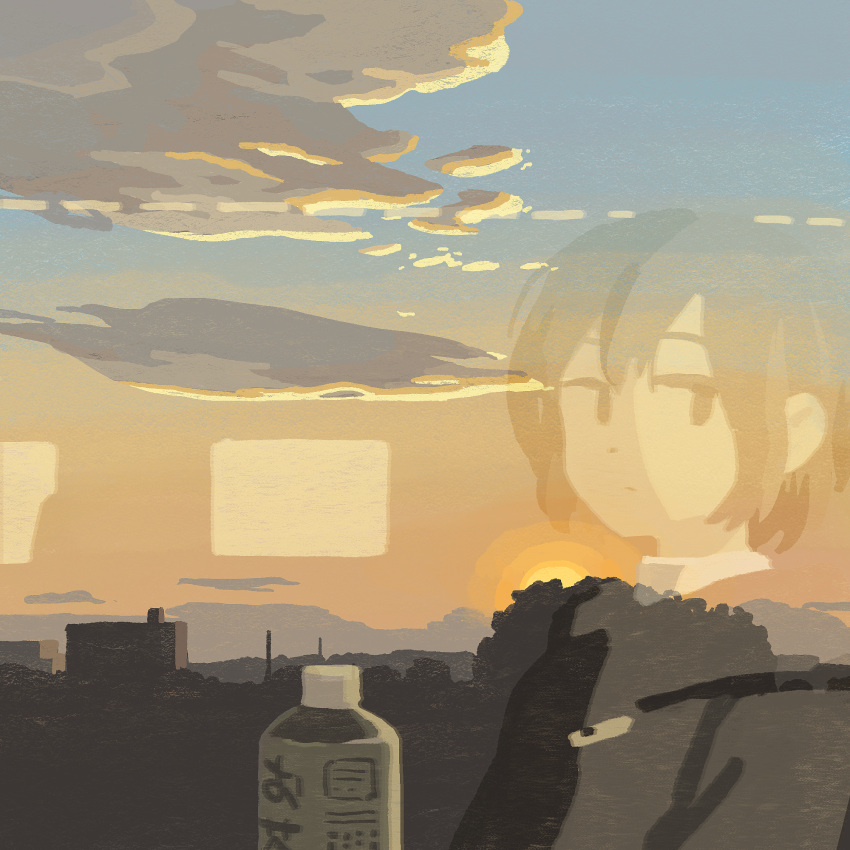 1girl black_eyes bottle building closed_mouth clouds commentary_request dress highres muji_(uimss) original reflection short_hair solo sunset tree upper_body