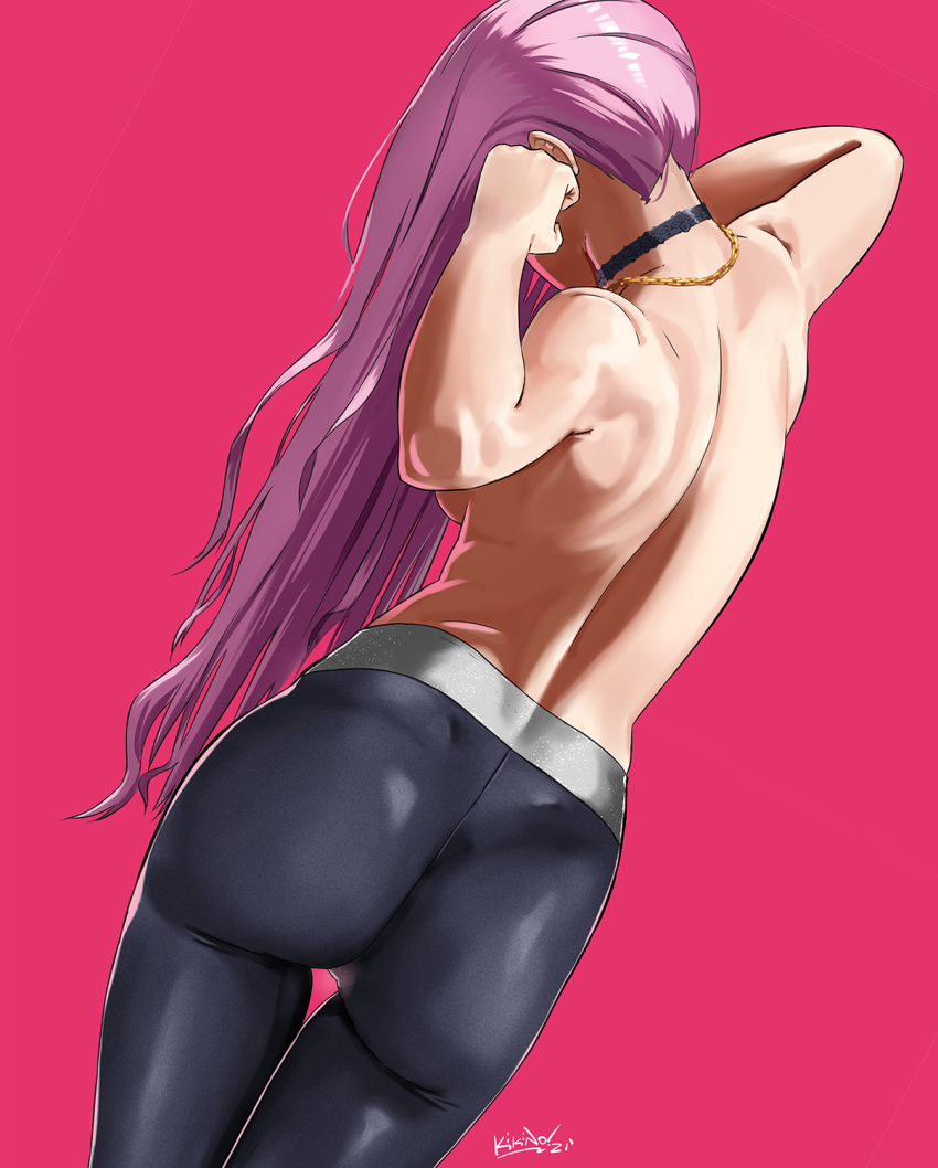 1girl ass back facing_away from_behind highres hololive hololive_english jewelry kikino long_hair mori_calliope necklace pants pink_background pink_hair simple_background solo topless virtual_youtuber