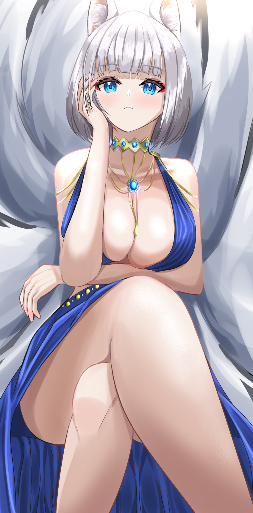 1girl absurdres animal_ear_fluff arm_under_breasts azuma_(sospower73) azur_lane blue_dress blue_eyes breasts center_opening dress evening_gown eyeliner fox_girl halter_dress halterneck highres kaga_(azur_lane) kaga_(white-tailed_magnificence)_(azur_lane) kitsune kyuubi large_breasts large_tail long_dress looking_at_viewer makeup multiple_tails official_alternate_costume short_hair simple_background sitting sleeveless sleeveless_dress solo tail white_hair white_tail