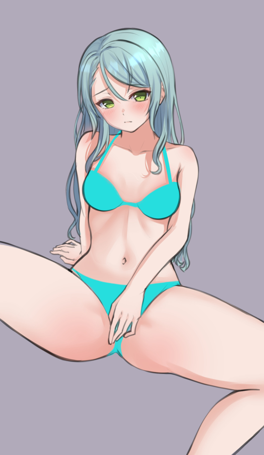 1girl aqua_bra aqua_panties arm_support bang_dream! bangs bare_legs bare_shoulders between_legs blush bra closed_mouth collarbone embarrassed feet_out_of_frame green_eyes green_hair grey_background hair_between_eyes halterneck hand_between_legs hand_on_own_crotch head_tilt highres hikawa_sayo invisible_chair leaning_back long_hair looking_at_viewer navel panties ptal sidelocks simple_background sitting sketch solo spread_legs stomach swept_bangs underwear