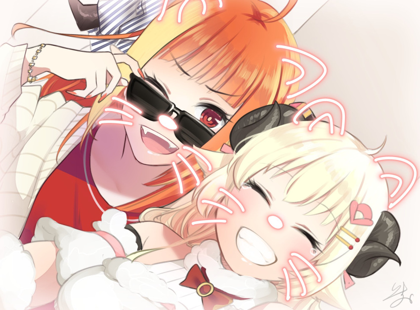 2girls ;d ahoge animal_ears bangs blonde_hair bracelet cardigan closed_eyes commentary_request detached_sleeves dragon_horns drawn_ears drawn_whiskers dress eyebrows_visible_through_hair grin hair_ornament hairclip highres hololive horns isuka jewelry kiryu_coco long_hair multicolored_hair multiple_girls nail_polish one_eye_closed open_mouth orange_hair orange_nails red_eyes red_shirt sheep_ears sheep_girl sheep_horns shirt smile streaked_hair tearing_up tsunomaki_watame virtual_youtuber white_cardigan white_dress