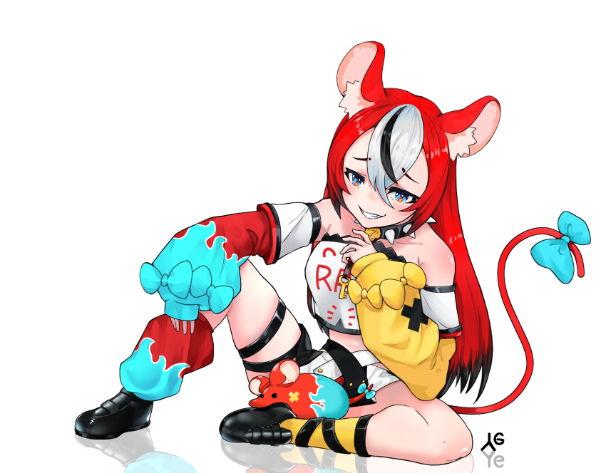 1girl animal_ears bangs blush bow breasts cheese collar food hair_ornament hakos_baelz highres holocouncil hololive hololive_english key_necklace long_hair mouse mouse_ears mouse_girl mouse_tail mousetrap mr._squeaks_(hakos_baelz) rat ribbon skirt smile solo spiked_collar spikes tail tail_bow tail_ornament