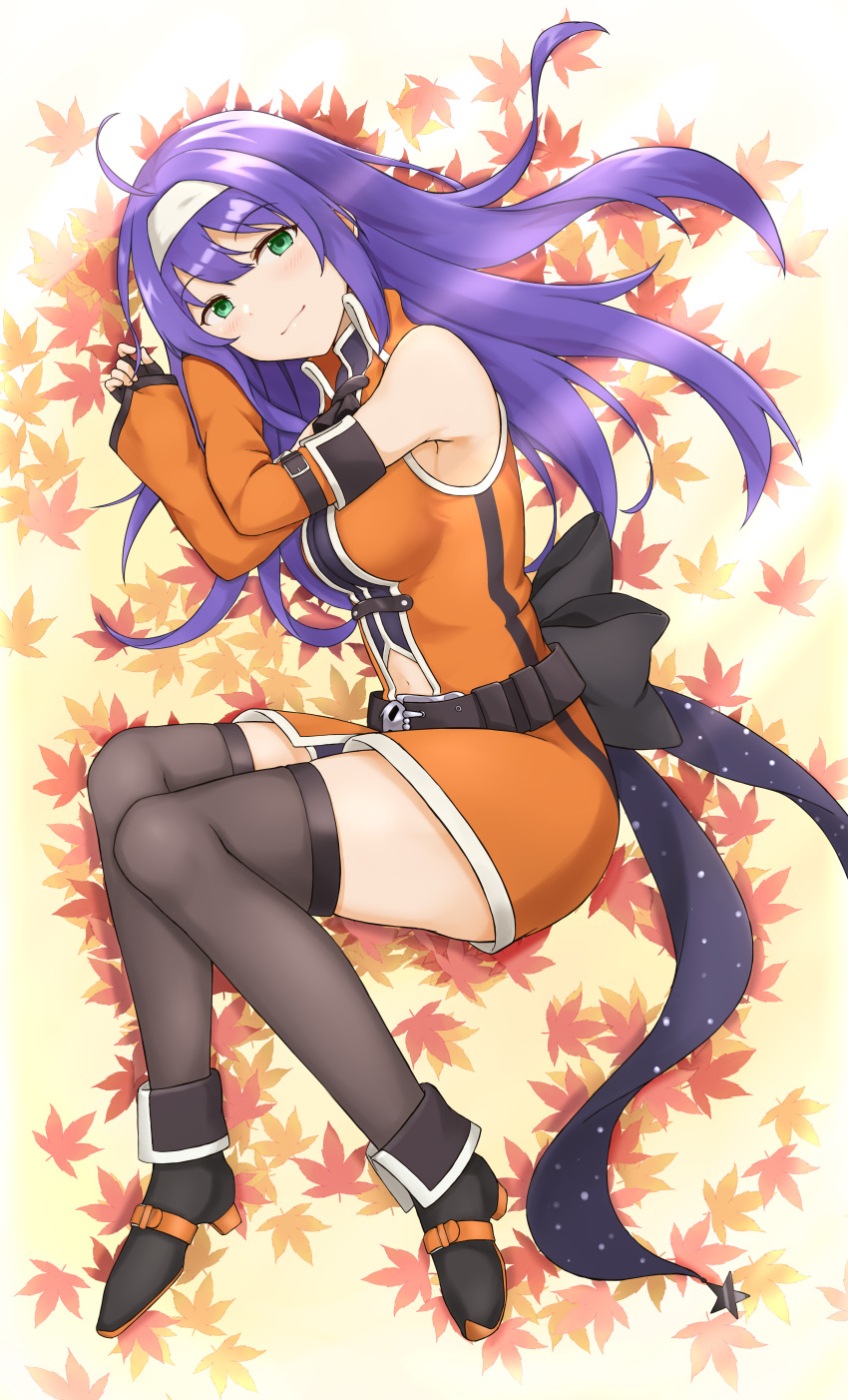 1girl absurdres ahoge autumn autumn_leaves bare_shoulders belt_pouch black_bow black_gloves black_legwear boots bow breasts closed_mouth clothing_cutout detached_sleeves dress eyebrows_visible_through_hair fingerless_gloves fire_emblem fire_emblem:_radiant_dawn fire_emblem_heroes full_body gloves green_eyes hairband highres large_breasts leaf long_hair looking_at_viewer lying maple_leaf mia_(fire_emblem) navel navel_cutout no_headwear official_art on_side pouch purple_hair shiny shiny_hair smile solo takaneko thigh-highs white_hairband wide_sleeves