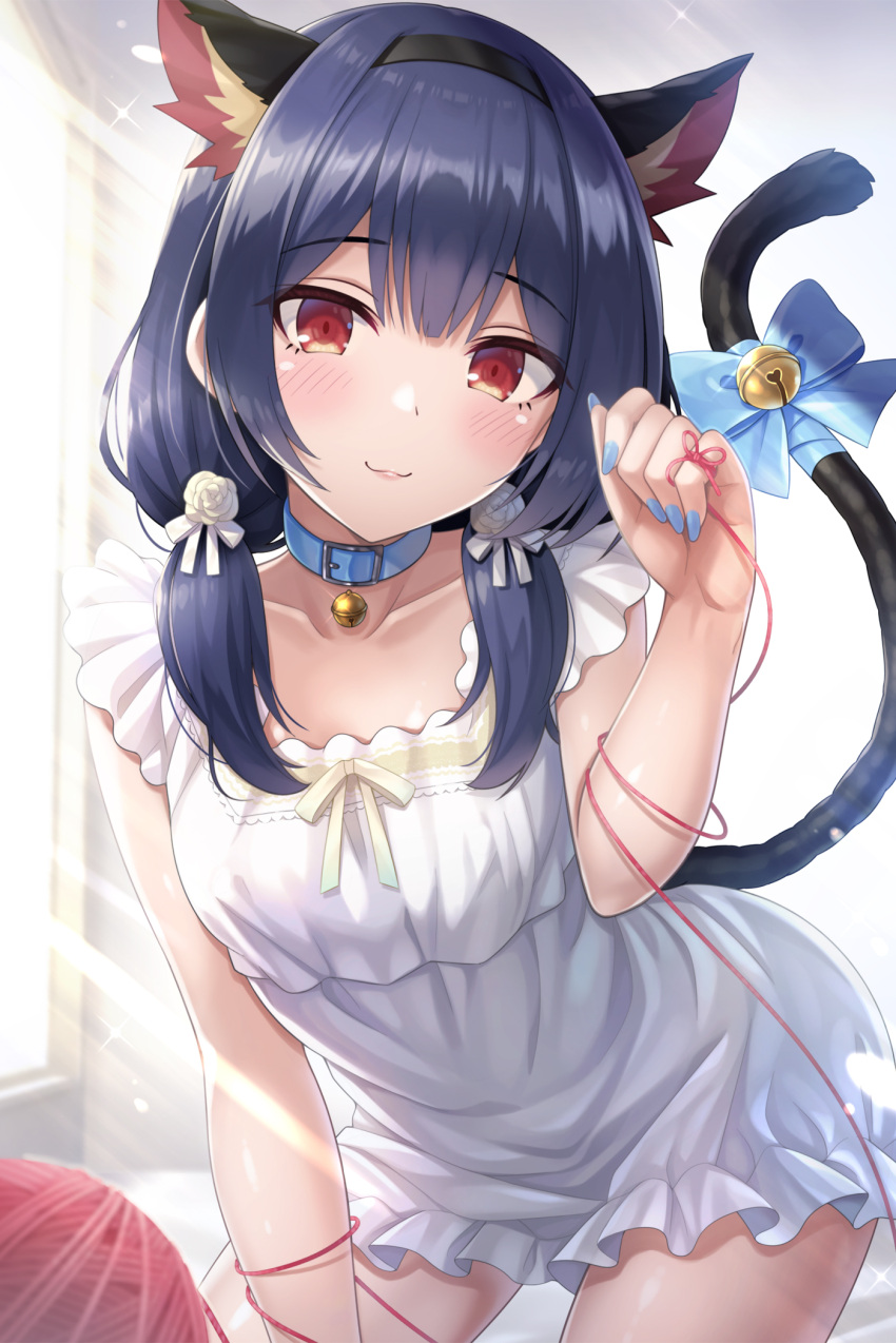 1girl :3 animal_ear_fluff animal_ears bangs bell black_hair black_hairband blue_bow blue_collar blue_nails bow breasts cat_ears cat_tail closed_mouth collar collarbone commentary_request day dress eyebrows_visible_through_hair flower frilled_dress frills hair_bow hair_flower hair_ornament hair_over_shoulder hairband hand_up highres idolmaster idolmaster_shiny_colors jingle_bell long_hair low_twintails morino_rinze nail_polish neck_bell red_eyes rose sleeveless sleeveless_dress small_breasts smile solo string string_around_finger string_of_fate sunlight tail tail_bell tail_bow tail_ornament twintails urabi_(tomatohouse) white_bow white_dress white_flower white_rose window yarn yarn_ball