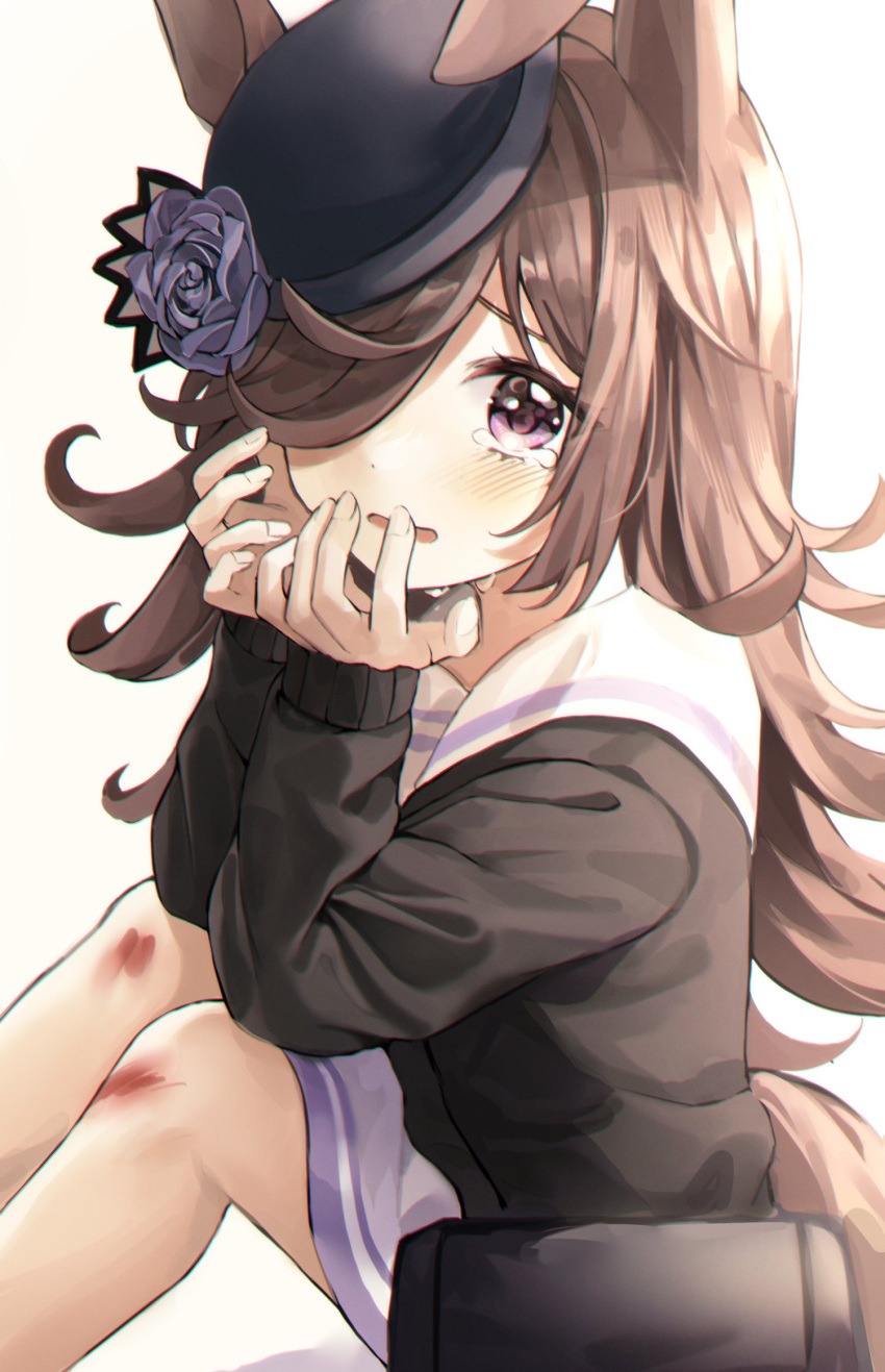 1girl animal_ears black_cardigan blue_flower blue_headwear blue_rose blush brown_eyes brown_hair cardigan clumsy crying crying_with_eyes_open flower hair_over_one_eye hat hat_flower hat_over_one_eye highres horse_ears horse_girl horse_tail lisi long_hair rice_shower_(umamusume) rose school_uniform scraped_knee sitting solo tail tears tilted_headwear tracen_school_uniform umamusume