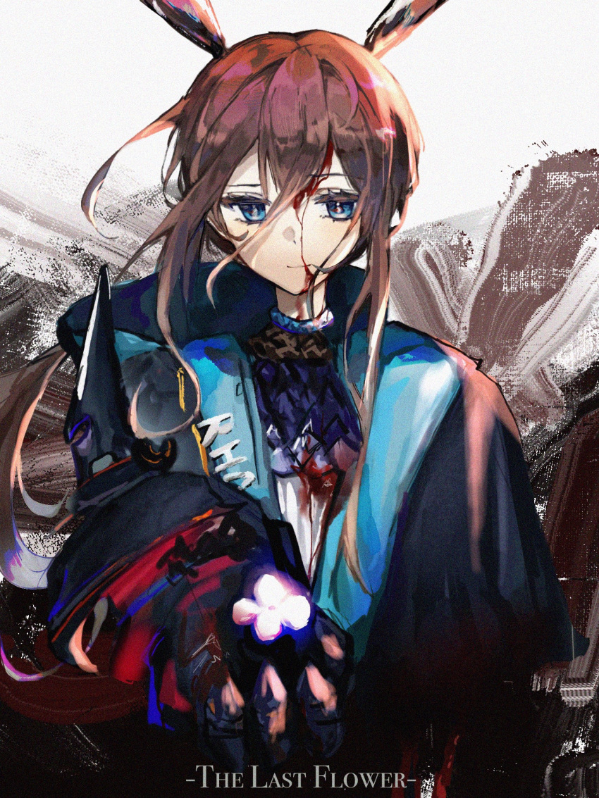 1girl amiya_(arknights) amiya_(guard)_(arknights) animal_ears arknights ascot black_coat blood blood_on_clothes blood_on_face blue_coat blue_eyes brown_background brown_hair chinese_commentary closed_mouth coat commentary_request english_text flower frilled_ascot frills grey_background highres holding holding_flower incoming_gift kkkovo long_hair long_sleeves looking_at_viewer noise purple_neckwear rabbit_ears smile solo upper_body