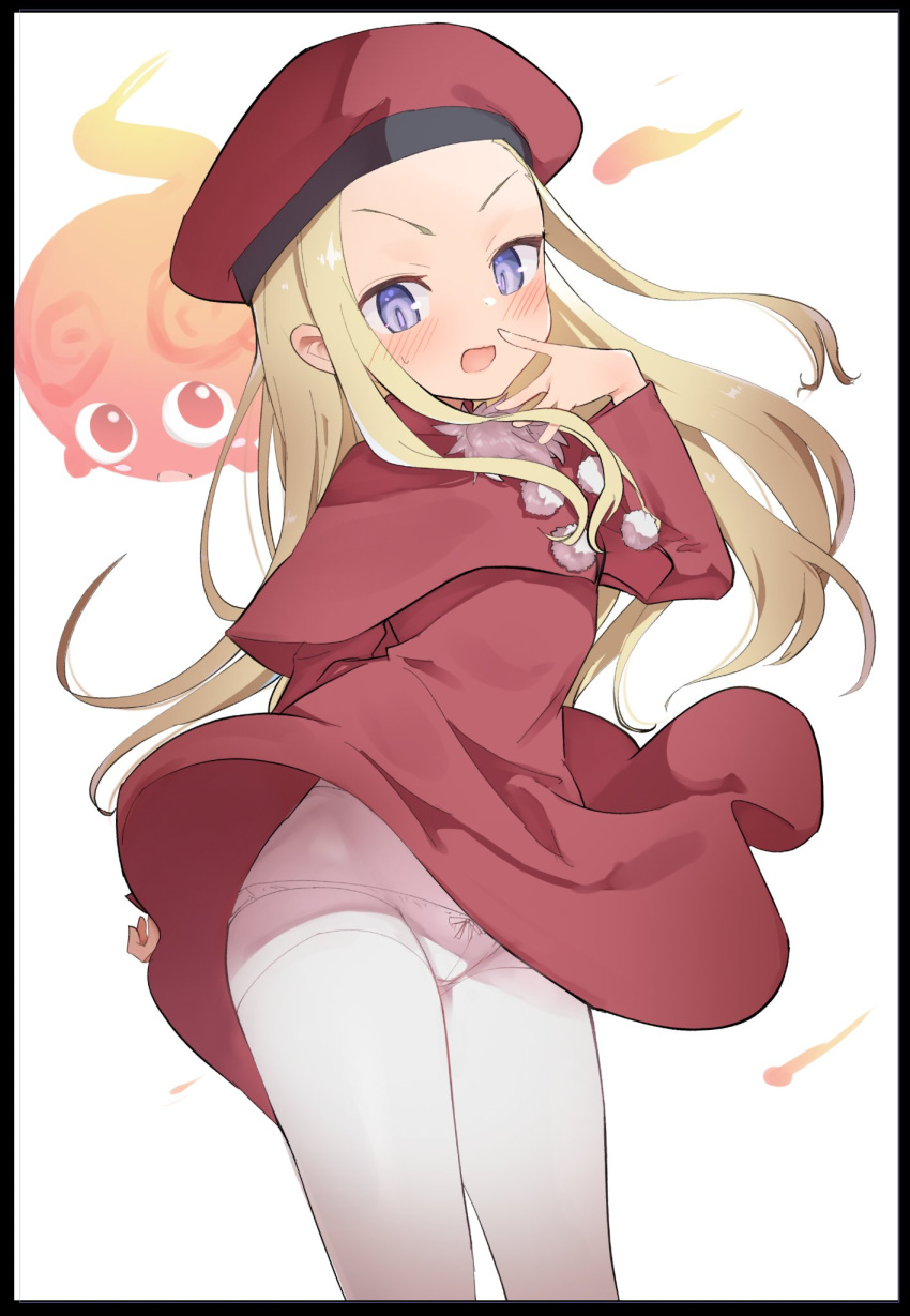 1girl belfraw_martini beret blonde_hair blue_eyes blush bow bow_panties caburi clothes_lift dress dress_lift embarrassed hat highres long_hair looking_at_viewer open_mouth panties pantyhose pantyshot pom_pom_(clothes) red_dress red_headwear simple_background smile summon_night summon_night_3 sweatdrop underwear white_background white_legwear wind wind_lift