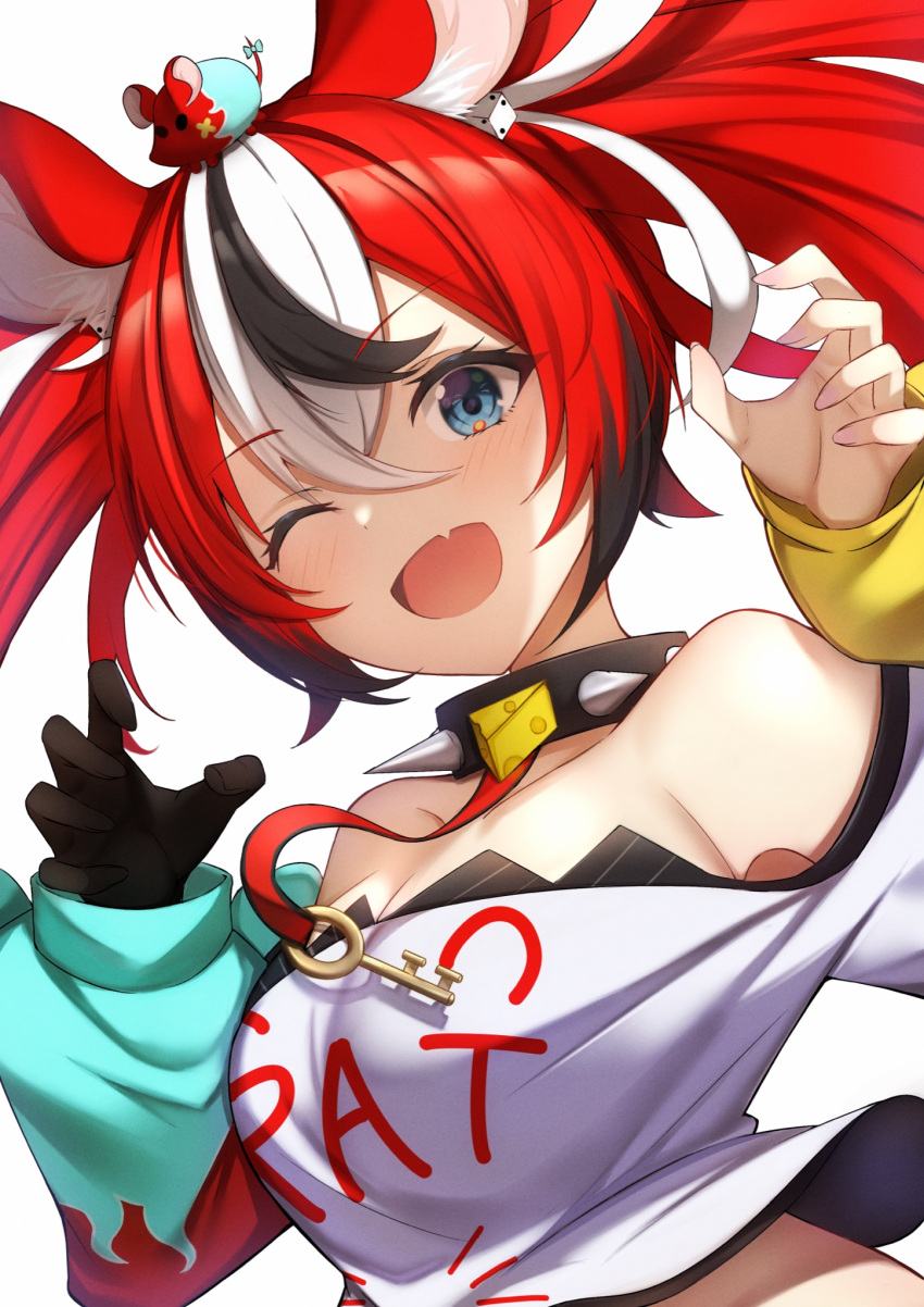 1girl ;d animal_ear_fluff animal_ears asymmetrical_sleeves bangs bare_shoulders black_gloves black_hair blue_eyes blush cheese claw_pose clothes_writing collar commentary dice_hair_ornament eyebrows_visible_through_hair fang food gloves hair_between_eyes hair_ornament hakos_baelz hands_up highres hololive hololive_english long_sleeves looking_at_viewer menmen_(ijnwfpaihpufxox) mismatched_sleeves mouse_ears mr._squeaks_(hakos_baelz) multicolored_hair off_shoulder one_eye_closed open_mouth redhead shirt simple_background single_glove skin_fang smile solo spiked_collar spikes streaked_hair symbol-only_commentary twintails virtual_youtuber white_background white_hair white_shirt