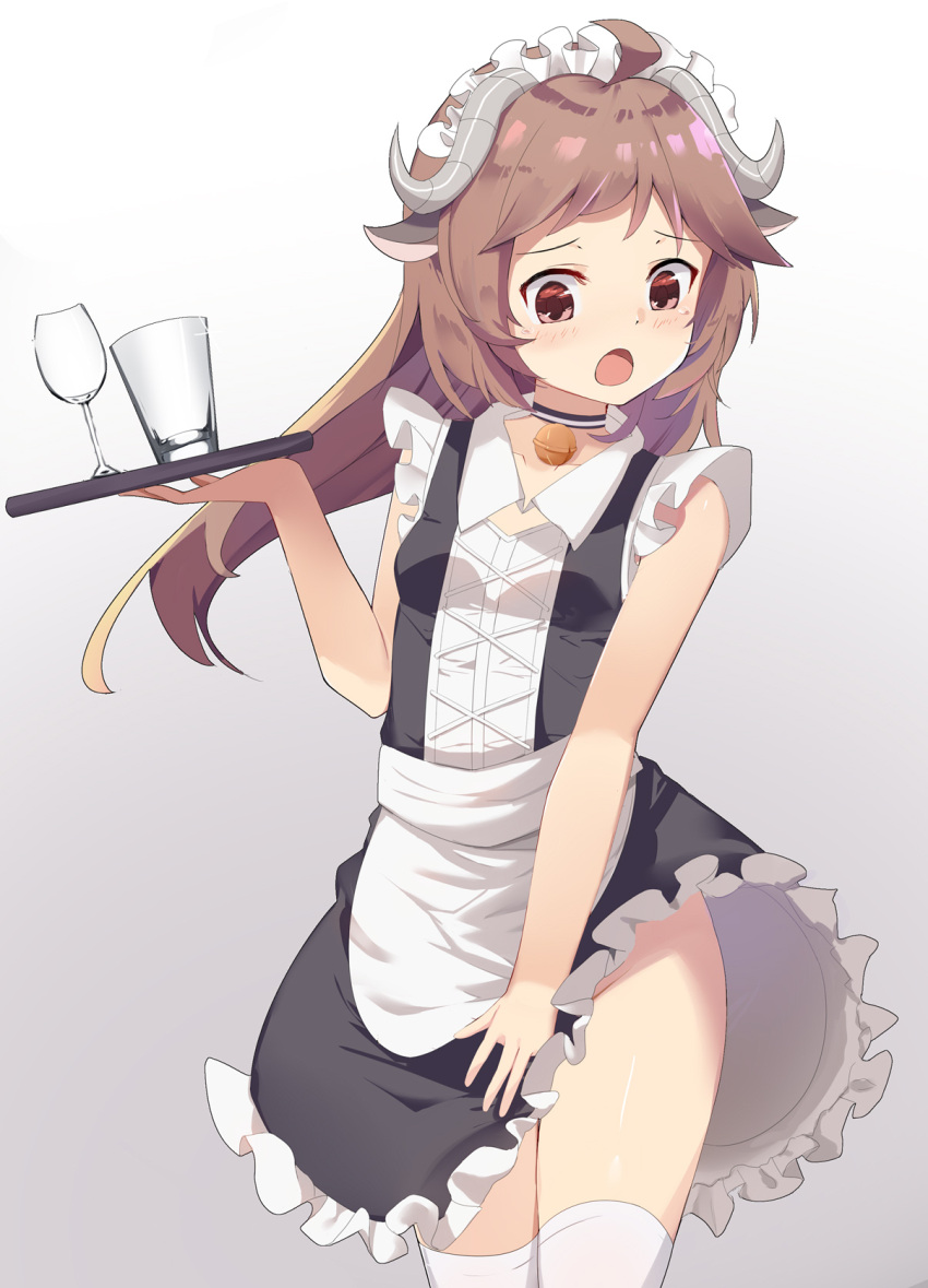 1girl ahoge alternate_costume animal_ears arknights bell black_choker black_dress brown_eyes brown_hair chinese_commentary choker commentary_request cowboy_shot d: dress embarrassed enmaided eyjafjalla_(arknights) glass grey_background groin hand_up highres holding holding_tray horns long_hair maid maid_headdress neck_bell no_panties open_mouth sakutaishi sheep_ears sheep_girl sheep_horns solo thigh-highs tray white_headdress white_legwear