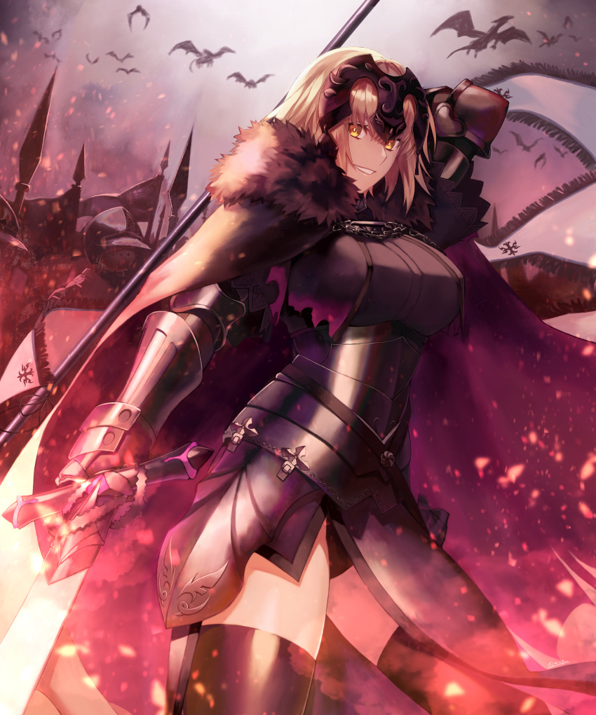 1girl absurdres armor armored_dress bangs breasts chain collar fate/grand_order fate_(series) faulds gauntlets grin headpiece highres jeanne_d'arc_(alter)_(fate) jeanne_d'arc_(fate) kankitsurui_(house_of_citrus) large_breasts looking_at_viewer metal_collar plackart short_hair silver_hair smile sword weapon yellow_eyes