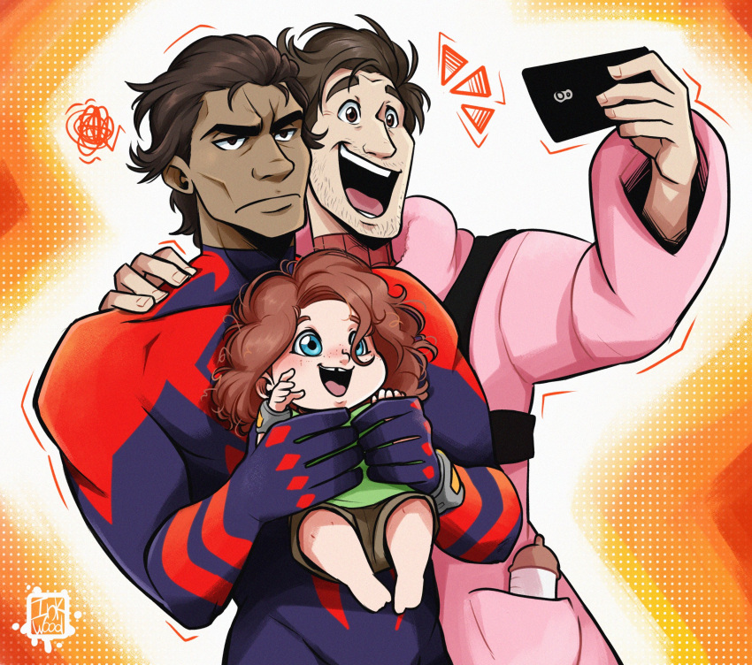 1girl 2boys annoyed baby blue_eyes bodysuit bottle brown_hair cellphone facial_hair happy highres hug long_hair mayday_parker miguel_o'hara milk_bottle multiple_boys open_mouth peter_b_parker phone redhead selfie short_hair shorts signature spider-man:_across_the_spider-verse stubble teeth thick_eyebrows tight_clothes tongue upper_body