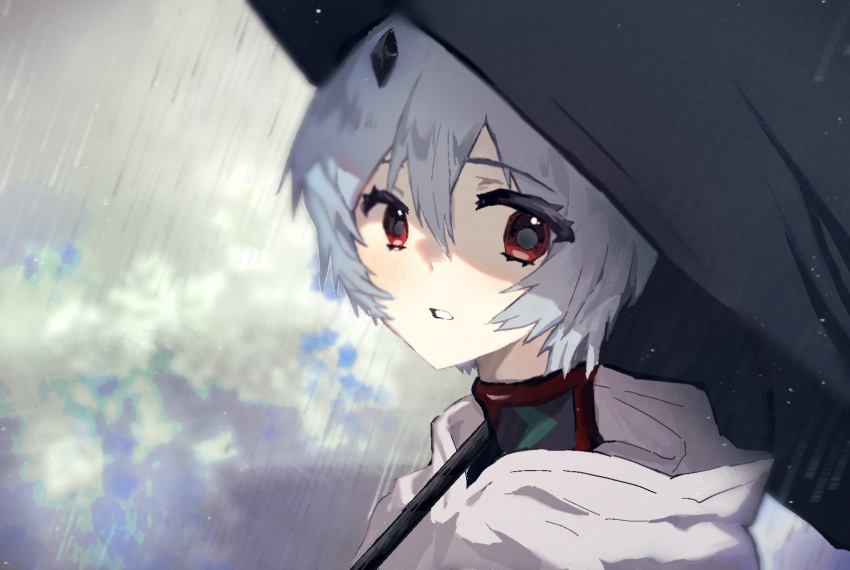 1girl ayanami_rei black_umbrella blue_hair coat commentary_request grey_pupils highres hooded_coat interface_headset kkkovo looking_at_viewer neon_genesis_evangelion parted_lips rain rebuild_of_evangelion red_eyes short_hair solo umbrella upper_body white_coat