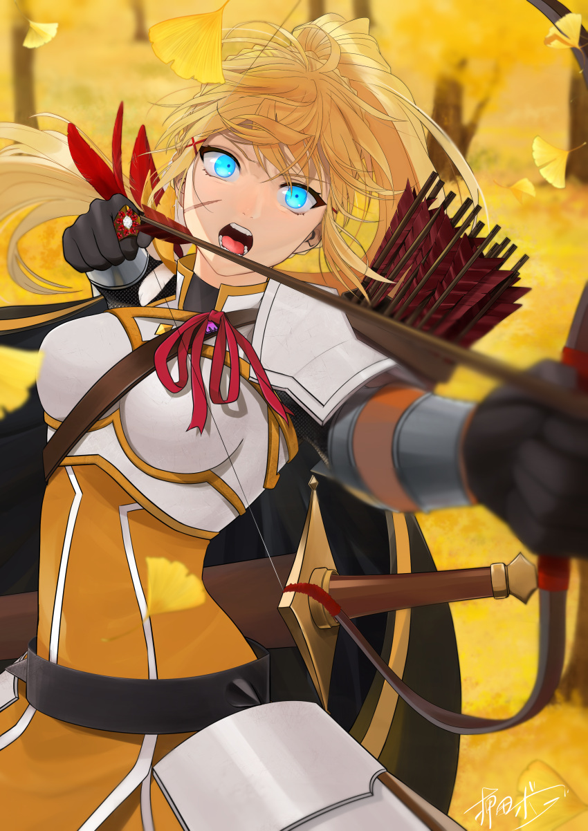 1girl absurdres armor arrow_(projectile) autumn_leaves bangs black_gloves blonde_hair blue_eyes bow_(weapon) commentary_request commission darkness_(konosuba) falling_leaves faulds firing gloves hair_ornament highres kono_subarashii_sekai_ni_shukufuku_wo! leaf long_hair open_mouth oshida_bob ponytail quiver scar scar_on_cheek scar_on_face sheath sheathed skeb_commission strap sword tree weapon x_hair_ornament