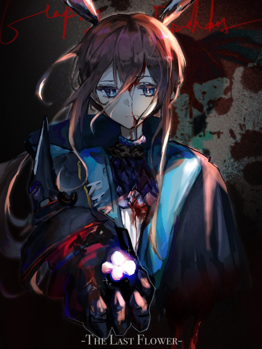 1girl amiya_(arknights) amiya_(guard)_(arknights) animal_ears arknights ascot black_background black_coat blood blood_on_clothes blood_on_face blood_on_wall blue_coat blue_eyes brown_hair chinese_commentary closed_mouth coat commentary_request cursive english_text flower frilled_ascot frills grey_background highres holding holding_flower incoming_gift kkkovo long_hair long_sleeves looking_at_viewer purple_neckwear rabbit_ears smile solo upper_body