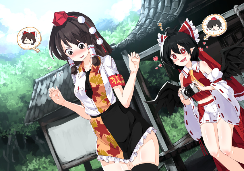 2girls ;q architecture ascot bird_wings black_hair black_legwear black_neckwear bow breasts brown_hair camera cosplay detached_sleeves east_asian_architecture feathered_wings feet_out_of_frame frilled_shirt_collar frilled_skirt frills hair_bow hair_tubes hakurei_reimu hakurei_reimu_(cosplay) hakurei_shrine hat highres holding holding_camera leaf-pattern_stripe medium_breasts miniskirt multiple_girls necktie nontraditional_miko one_eye_closed pom_pom_(clothes) red_bow ribbon-trimmed_sleeves ribbon_trim shameimaru_aya shameimaru_aya_(cosplay) short_hair skirt sparkling_eyes standing sunyup thigh-highs thighs tokin_hat tongue tongue_out touhou wide_sleeves wings yellow_neckwear