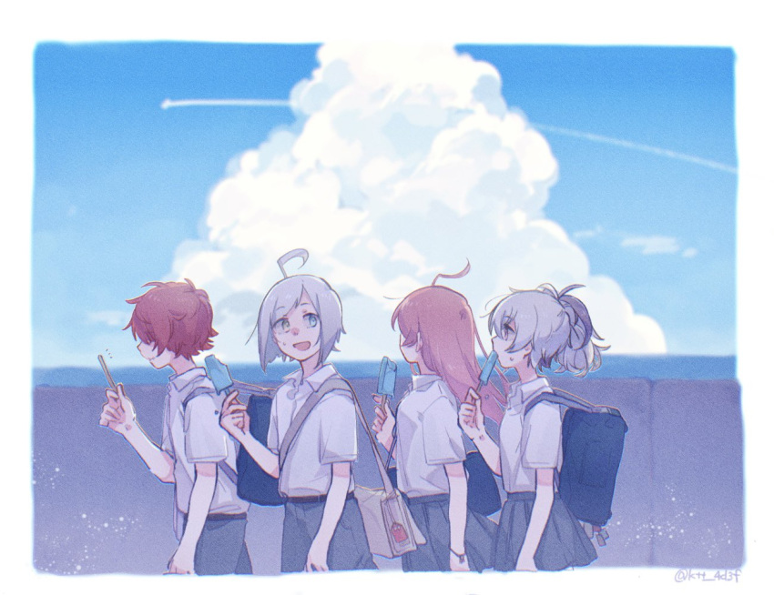 1girl 2boys ahoge bag blue_eyes blue_sky clouds commentary condensation_trail day flower_(vocaloid) food from_side fukase grey_pants grey_skirt holding holding_food long_hair looking_at_viewer mi_no_take multicolored_hair multiple_boys ocean outdoors pants pink_hair popsicle popsicle_stick purple_hair redhead school_bag school_uniform sf-a2_miki shirt short_hair short_sleeves shoulder_bag skirt sky streaked_hair student symbol-only_commentary upper_body utatane_piko v_flower_(vocaloid4) violet_eyes vocaloid walking white_hair white_shirt